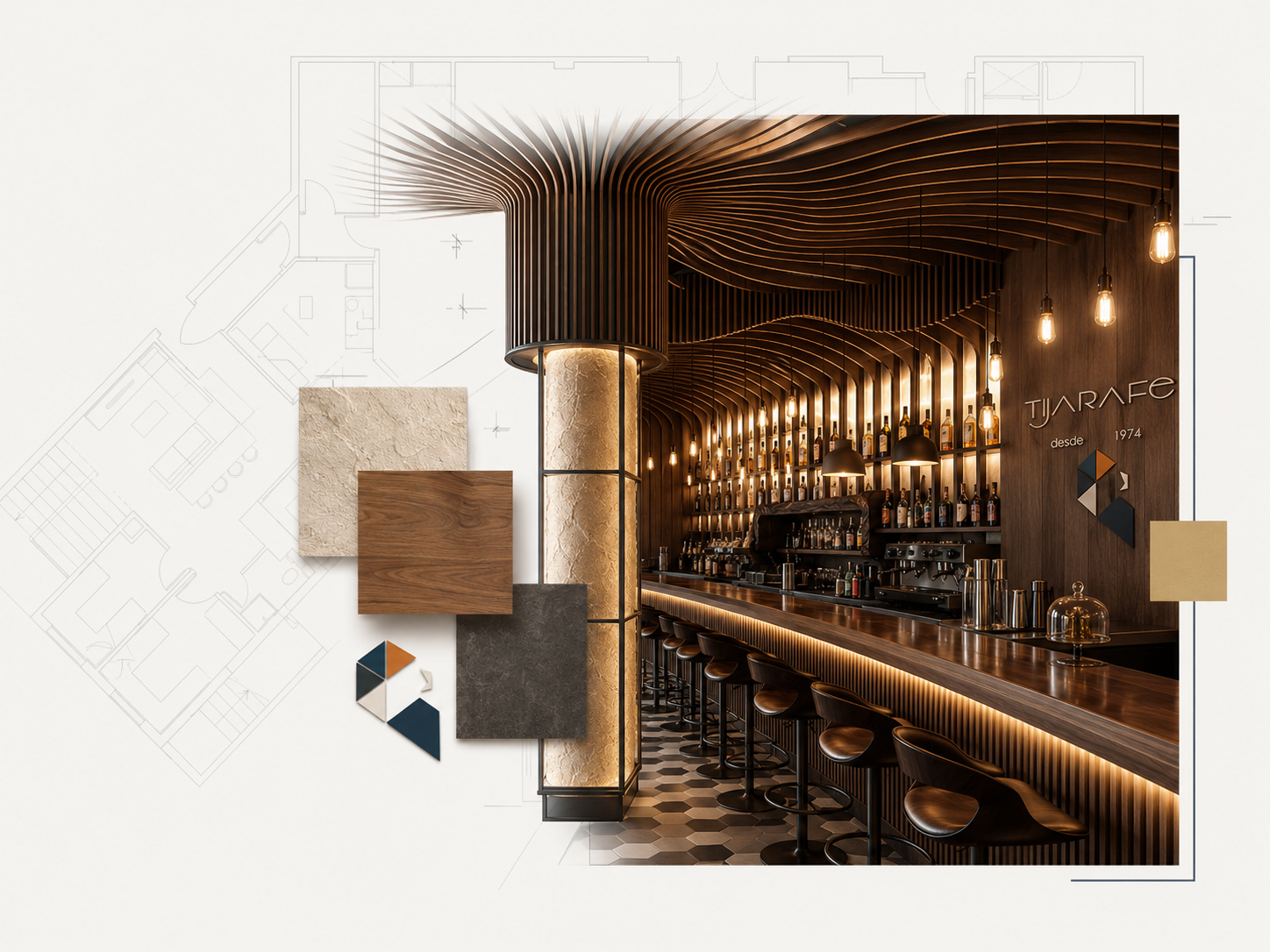 Interiorismo y proyecto técnico: composición con planos, muestras de material y resultado en espacio Tijarafe.